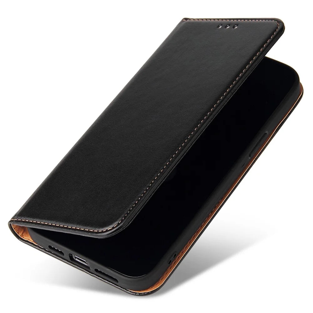 FIERRE SHANN For iPhone 15 Pro Max Case Magnetic Auto Closing Textured PU Leather Phone Cover - Black - 5