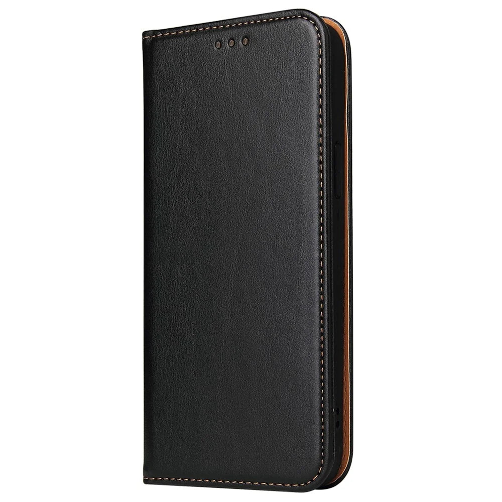 FIERRE SHANN For iPhone 15 Pro Max Case Magnetic Auto Closing Textured PU Leather Phone Cover - Black - 6