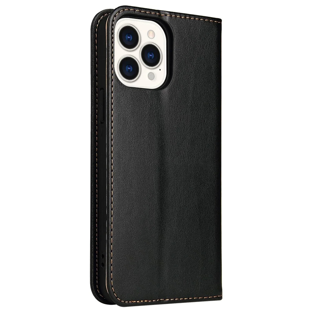 FIERRE SHANN For iPhone 15 Pro Max Case Magnetic Auto Closing Textured PU Leather Phone Cover - Black - 7