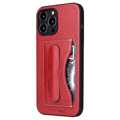FIERRE SHANN For iPhone 15 Pro Max Card Holder Case PU Leather+TPU+PC Kickstand Phone Cover - Red - 1