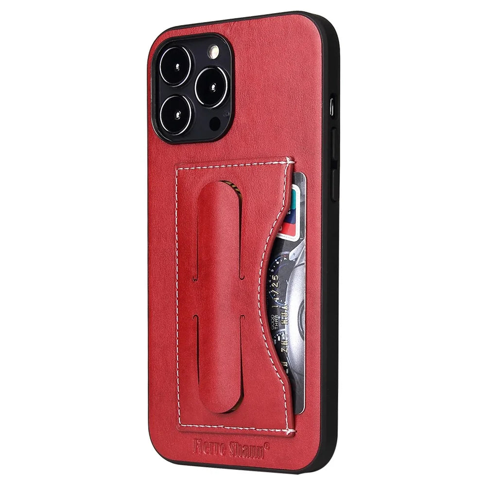 FIERRE SHANN For iPhone 15 Pro Max Card Holder Case PU Leather+TPU+PC Kickstand Phone Cover - Red - 1