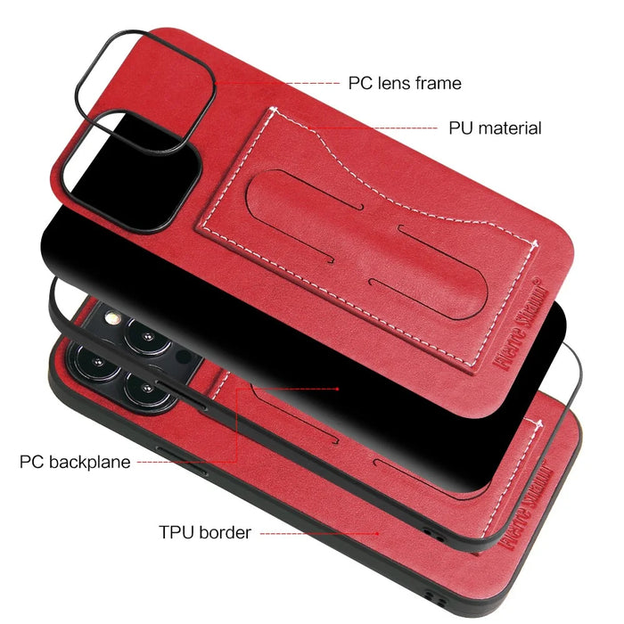 FIERRE SHANN For iPhone 15 Pro Max Card Holder Case PU Leather+TPU+PC Kickstand Phone Cover - Red - 2
