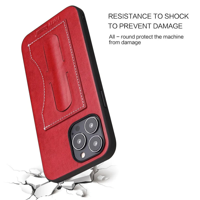 FIERRE SHANN For iPhone 15 Pro Max Card Holder Case PU Leather+TPU+PC Kickstand Phone Cover - Red - 3