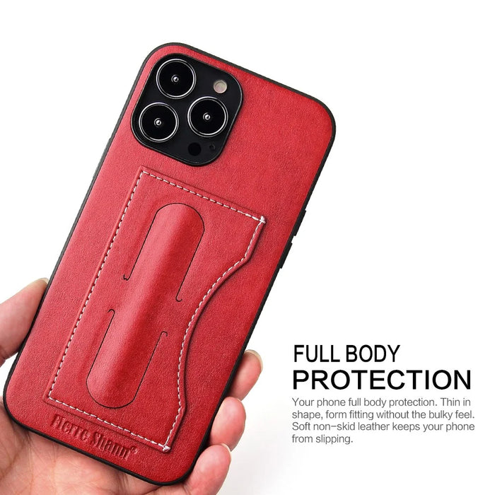 FIERRE SHANN For iPhone 15 Pro Max Card Holder Case PU Leather+TPU+PC Kickstand Phone Cover - Red - 4