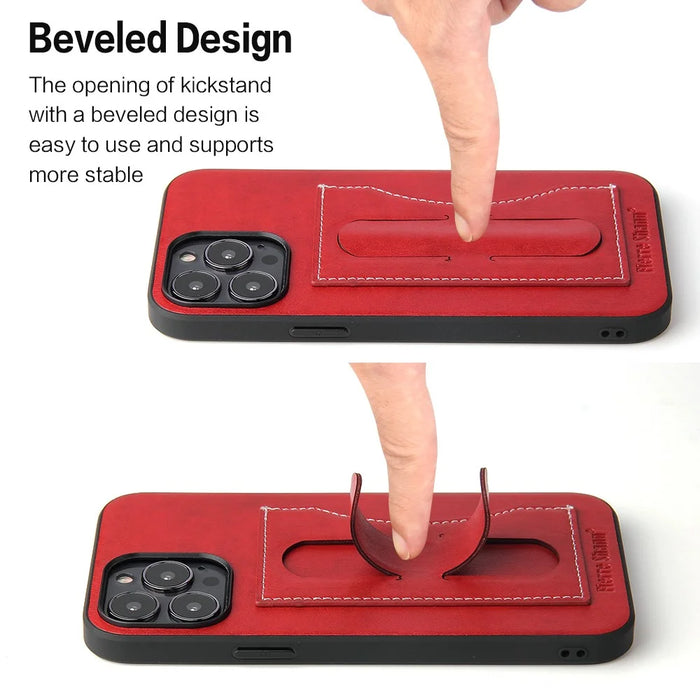 FIERRE SHANN For iPhone 15 Pro Max Card Holder Case PU Leather+TPU+PC Kickstand Phone Cover - Red - 5