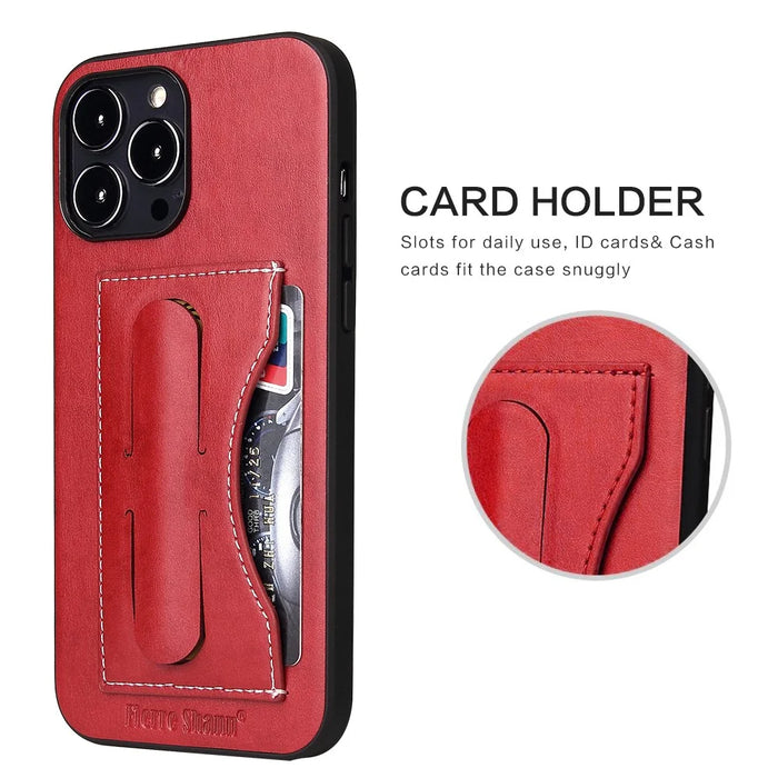FIERRE SHANN For iPhone 15 Pro Max Card Holder Case PU Leather+TPU+PC Kickstand Phone Cover - Red - 6