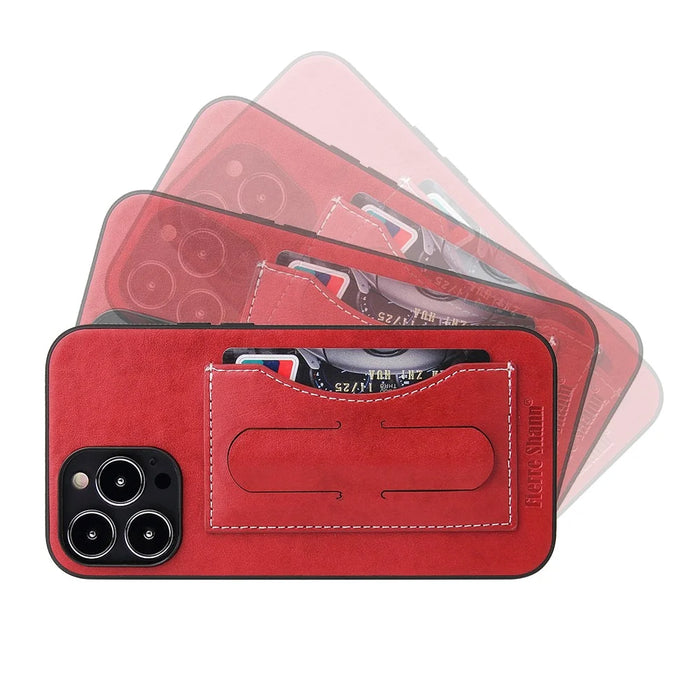 FIERRE SHANN For iPhone 15 Pro Max Card Holder Case PU Leather+TPU+PC Kickstand Phone Cover - Red - 7