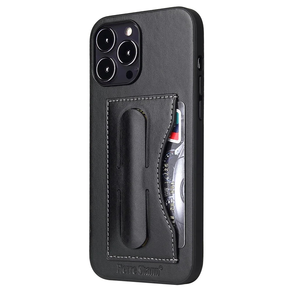 FIERRE SHANN For iPhone 15 Pro Kickstand Cover Card Holder PU Leather Coated Phone Cover - Black - 1