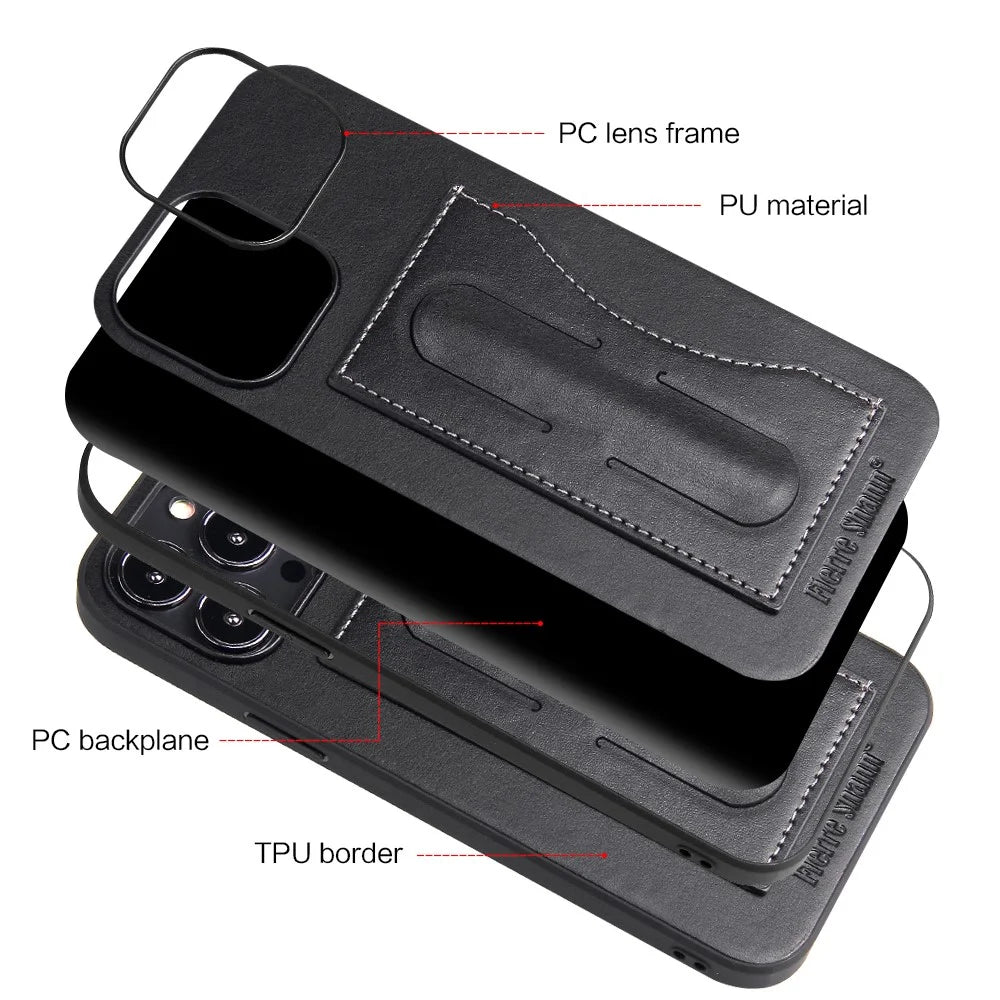 FIERRE SHANN For iPhone 15 Pro Kickstand Cover Card Holder PU Leather Coated Phone Cover - Black - 2