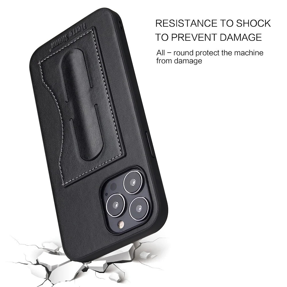 FIERRE SHANN For iPhone 15 Pro Kickstand Cover Card Holder PU Leather Coated Phone Cover - Black - 3