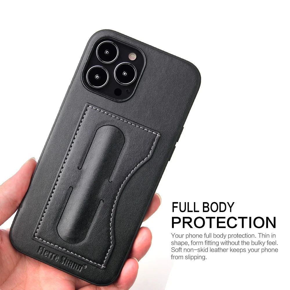 FIERRE SHANN For iPhone 15 Pro Kickstand Cover Card Holder PU Leather Coated Phone Cover - Black - 4