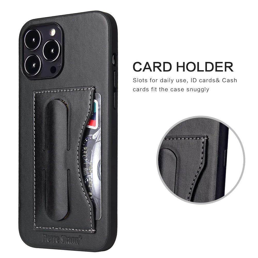 FIERRE SHANN For iPhone 15 Pro Kickstand Cover Card Holder PU Leather Coated Phone Cover - Black - 6