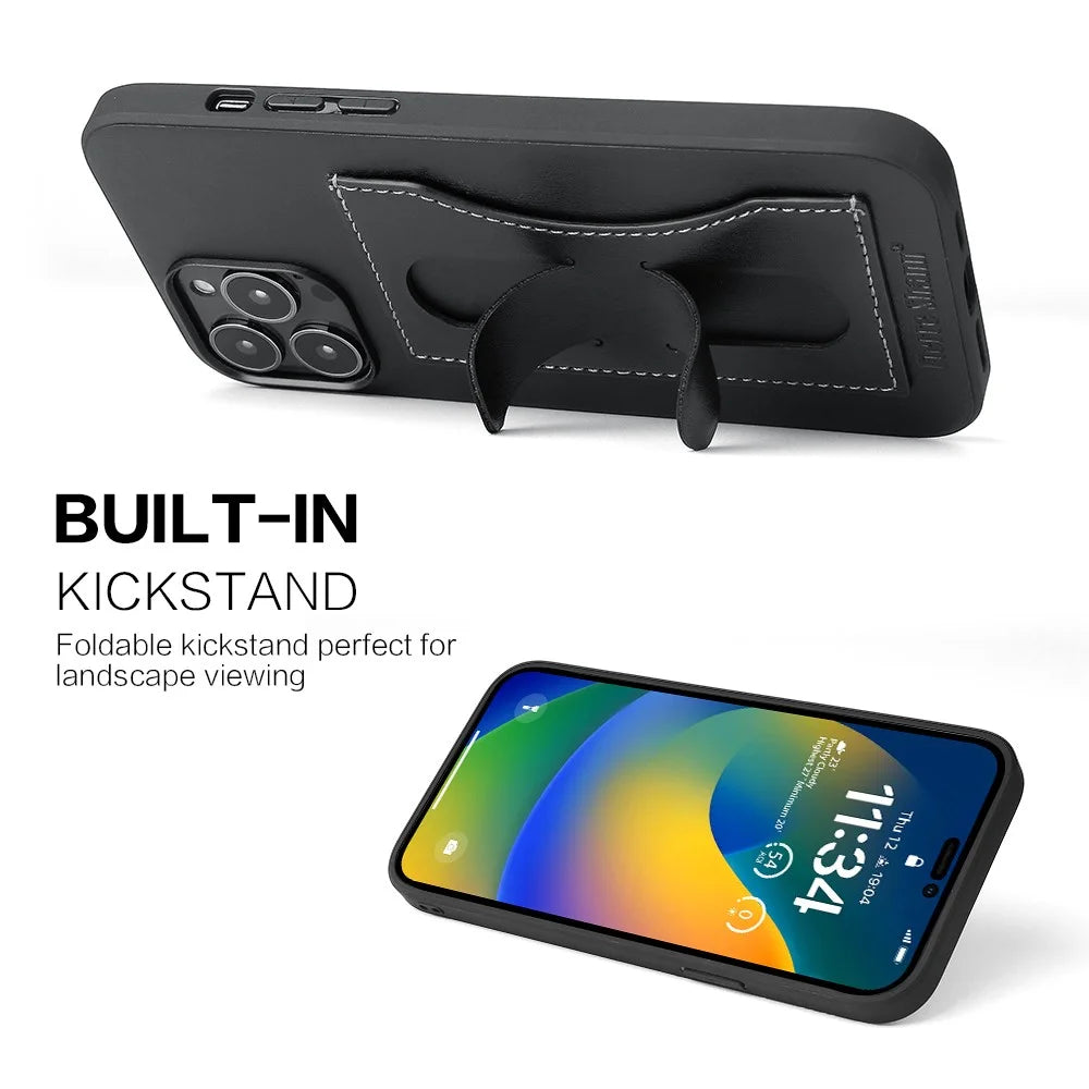FIERRE SHANN For iPhone 15 Pro Kickstand Cover Card Holder PU Leather Coated Phone Cover - Black - 7