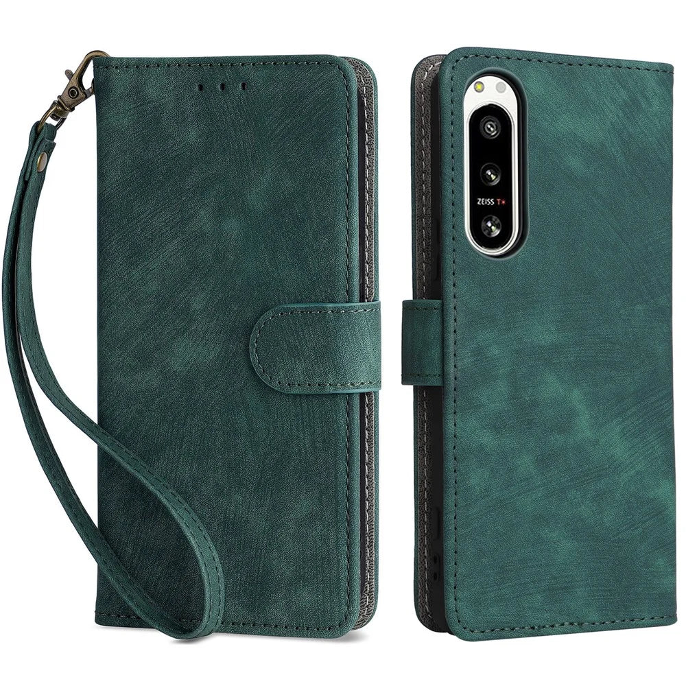 For Sony Xperia 5 IV 5G Case PU Leather Stand Phone Cover RFID Blocking Wallet with Strap - Green - 1