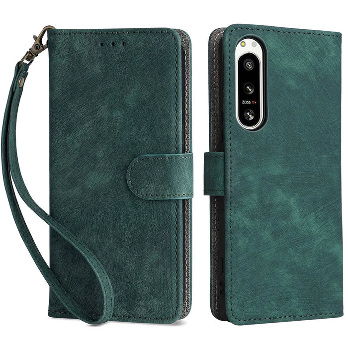 For Sony Xperia 5 IV 5G Case PU Leather Stand Phone Cover RFID Blocking Wallet with Strap - Green - 1