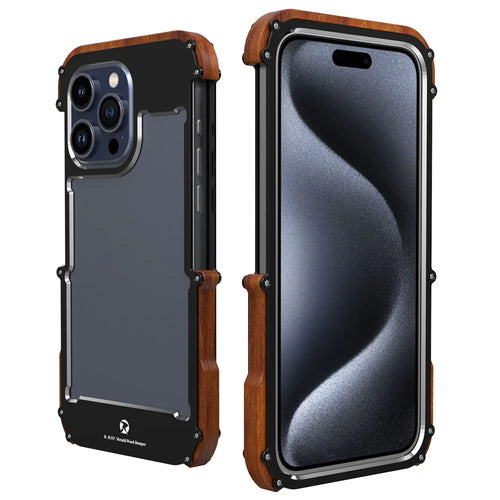 R-JUST For iPhone 15 Pro Case Wood + Aluminum Alloy Bumper Frame Phone Cover - 1