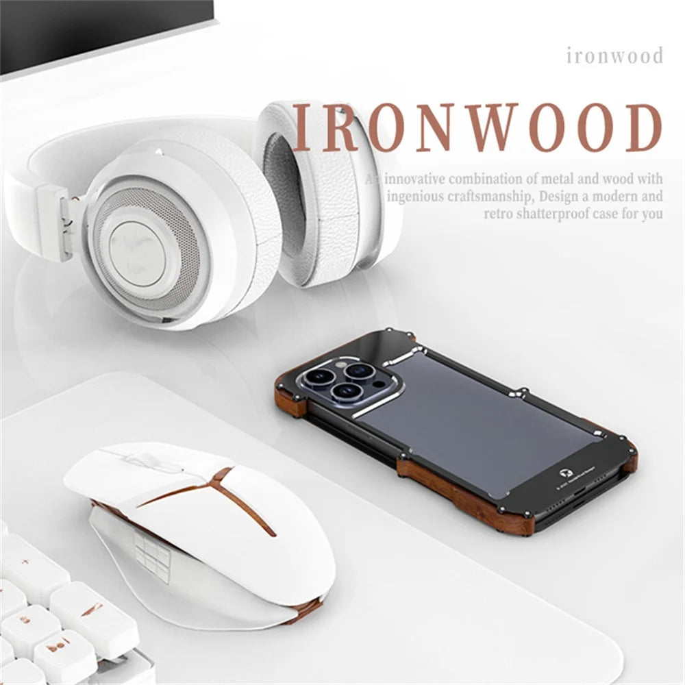R-JUST For iPhone 15 Pro Case Wood + Aluminum Alloy Bumper Frame Phone Cover - 7
