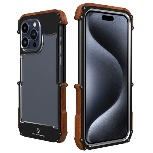 R-JUST For iPhone 15 Pro Max Phone Case Dropproof Wood + Aluminum Alloy Bumper Frame Cover - 1
