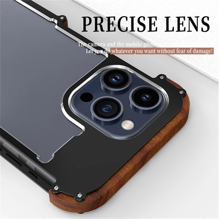 R-JUST For iPhone 15 Pro Max Phone Case Dropproof Wood + Aluminum Alloy Bumper Frame Cover - 2