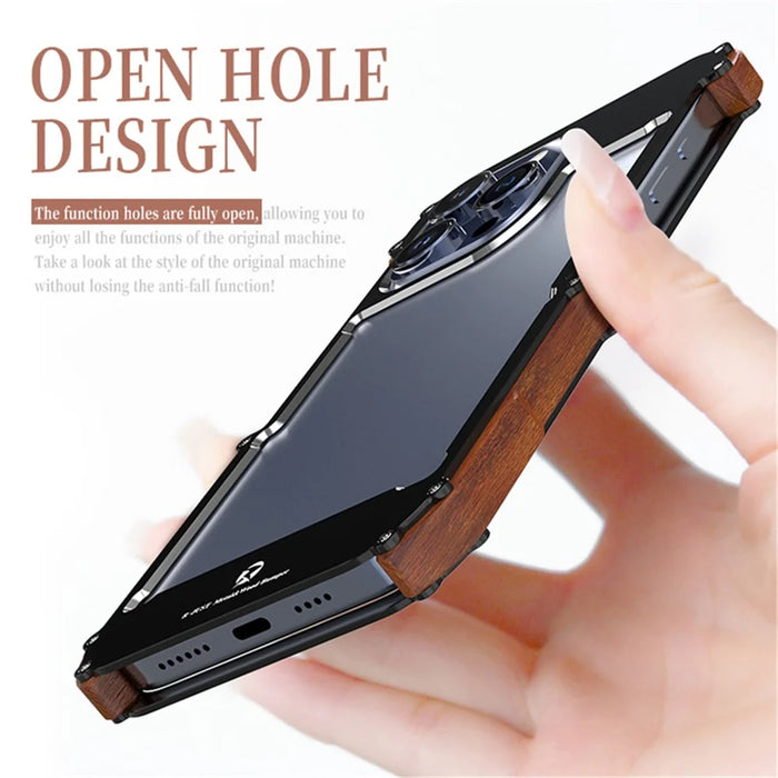 R-JUST For iPhone 15 Pro Max Phone Case Dropproof Wood + Aluminum Alloy Bumper Frame Cover - 4