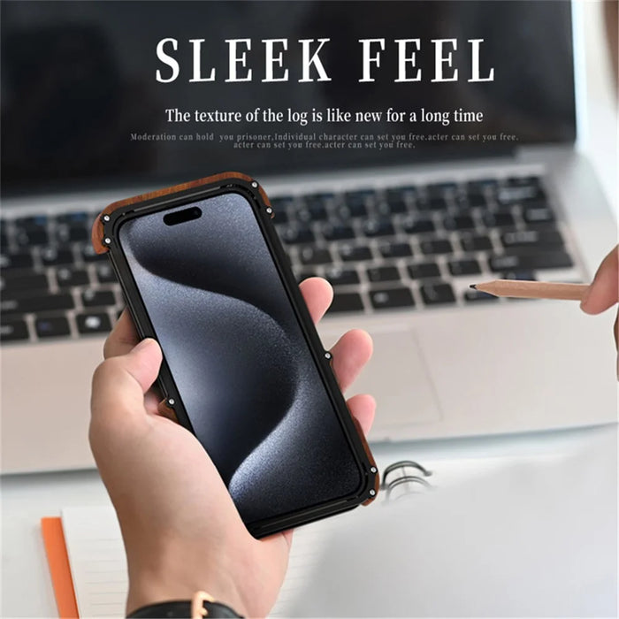 R-JUST For iPhone 15 Pro Max Phone Case Dropproof Wood + Aluminum Alloy Bumper Frame Cover - 5
