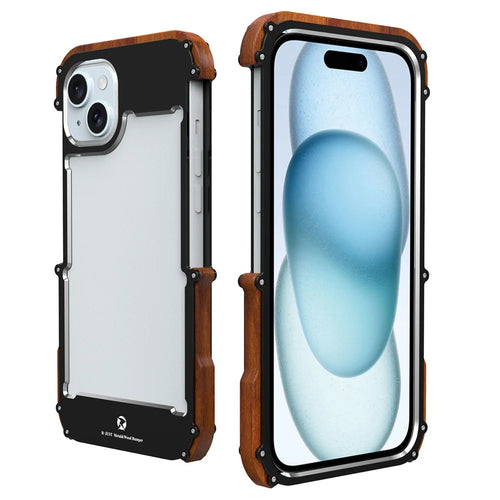 R-JUST For iPhone 15 Plus Bumper Case Wood + Aluminum Alloy Frame Protective Phone Cover - 1