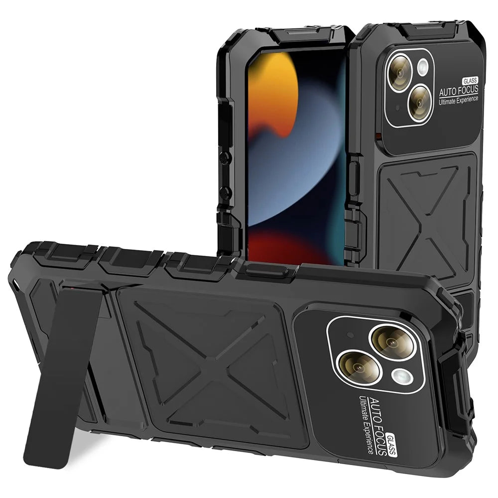 R-JUST For iPhone 15 Case Silicone+Metal Phone Cover with Tempered Glass Film - Black - 1