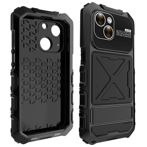 R-JUST For iPhone 15 Case Silicone+Metal Phone Cover with Tempered Glass Film - Black - 2