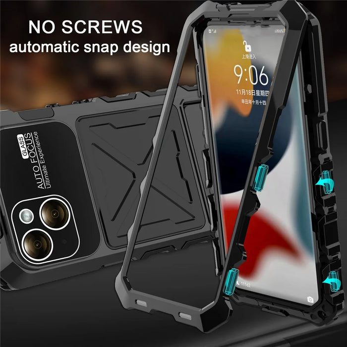 R-JUST For iPhone 15 Case Silicone+Metal Phone Cover with Tempered Glass Film - Black - 4