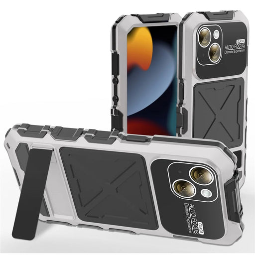 R-JUST For iPhone 15 Plus Case Shockproof Silicone+Metal Phone Cover with Screen Film - Silver - 1