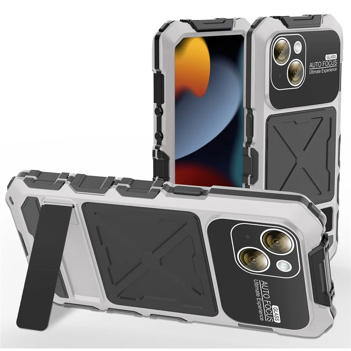 R-JUST For iPhone 15 Plus Case Shockproof Silicone+Metal Phone Cover with Screen Film - Silver - 1