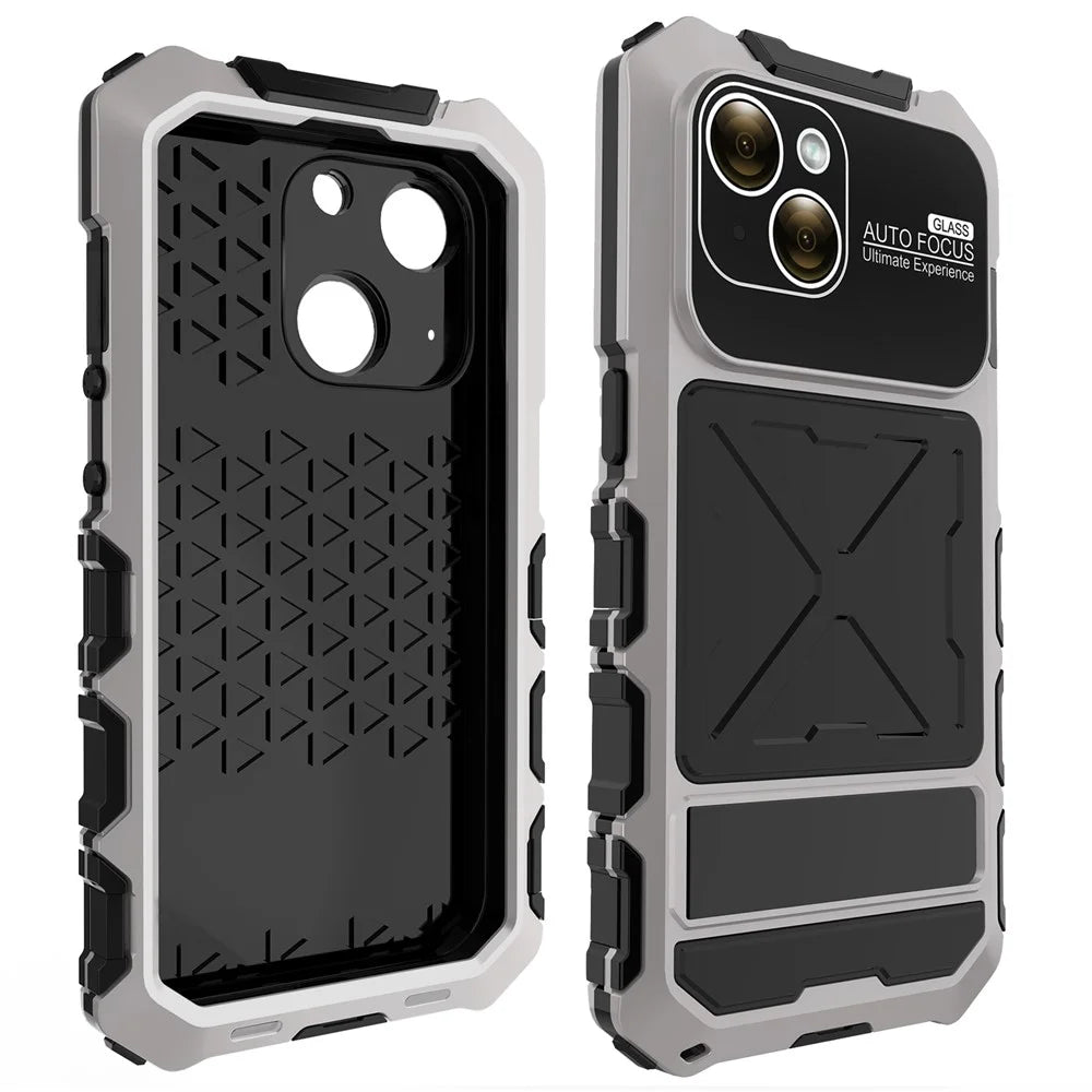 R-JUST For iPhone 15 Plus Case Shockproof Silicone+Metal Phone Cover with Screen Film - Silver - 2