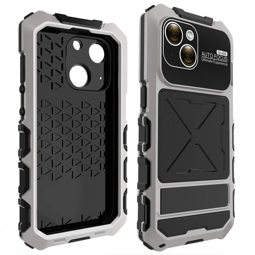 R-JUST For iPhone 15 Plus Case Shockproof Silicone+Metal Phone Cover with Screen Film - Silver - 2