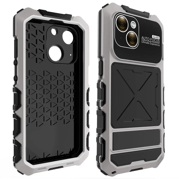 R-JUST For iPhone 15 Plus Case Shockproof Silicone+Metal Phone Cover with Screen Film - Silver - 2