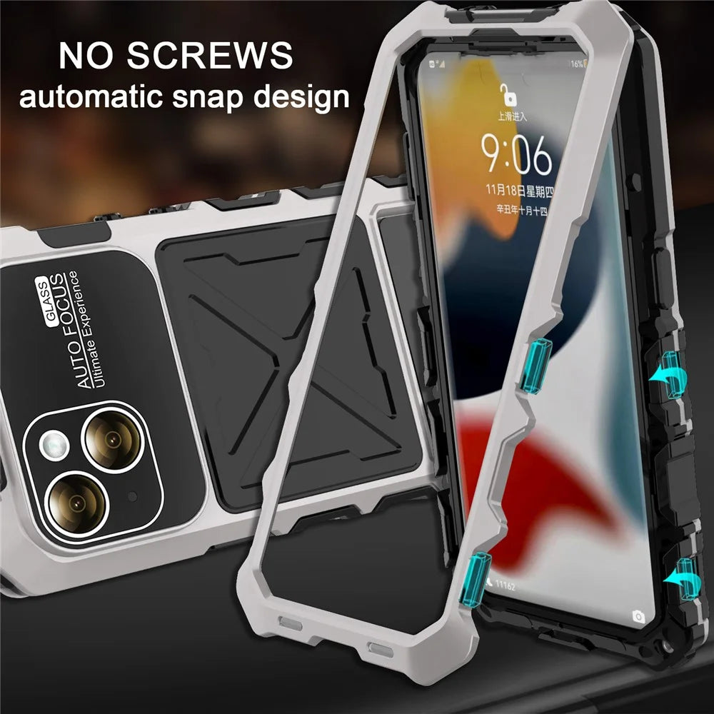 R-JUST For iPhone 15 Plus Case Shockproof Silicone+Metal Phone Cover with Screen Film - Silver - 4