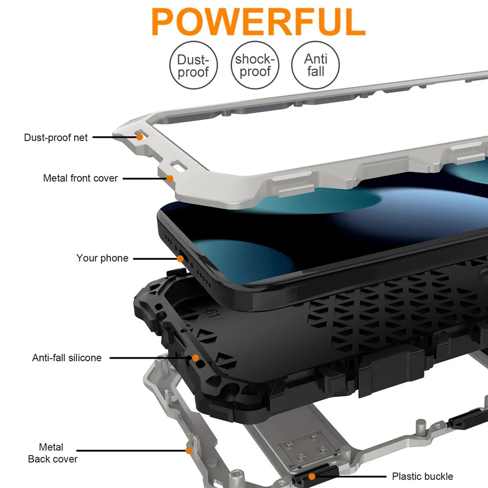 R-JUST For iPhone 15 Plus Case Shockproof Silicone+Metal Phone Cover with Screen Film - Silver - 6