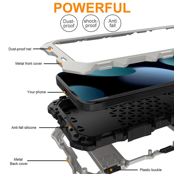 R-JUST For iPhone 15 Plus Case Shockproof Silicone+Metal Phone Cover with Screen Film - Silver - 6