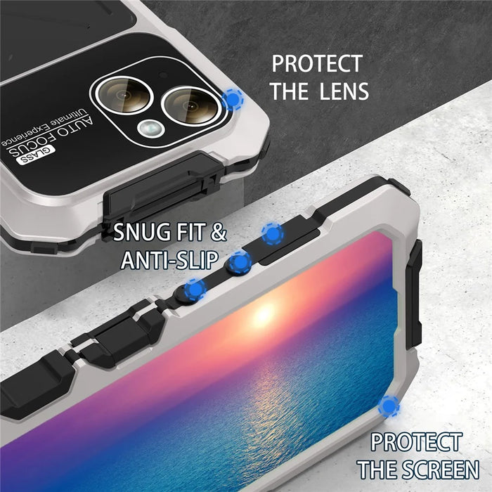 R-JUST For iPhone 15 Plus Case Shockproof Silicone+Metal Phone Cover with Screen Film - Silver - 7