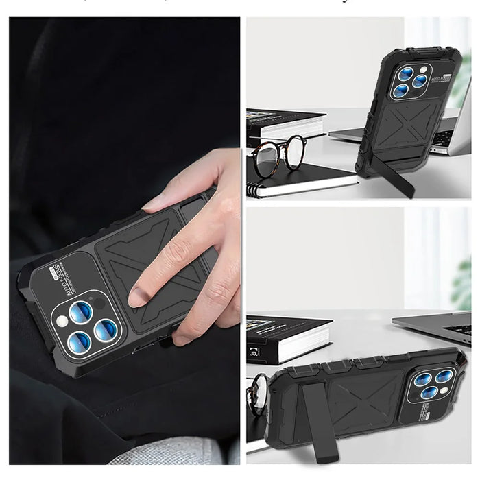 R-JUST For iPhone 15 Pro Case Fall Proof Silicone+Metal Phone Cover with Screen Film - Black - 7