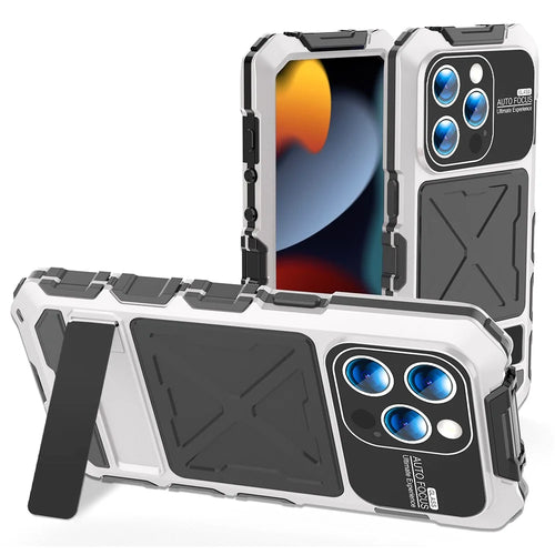 R-JUST For iPhone 15 Pro Max Case Silicone+Metal Anti-drop Phone Cover with Screen Film - Silver - 1