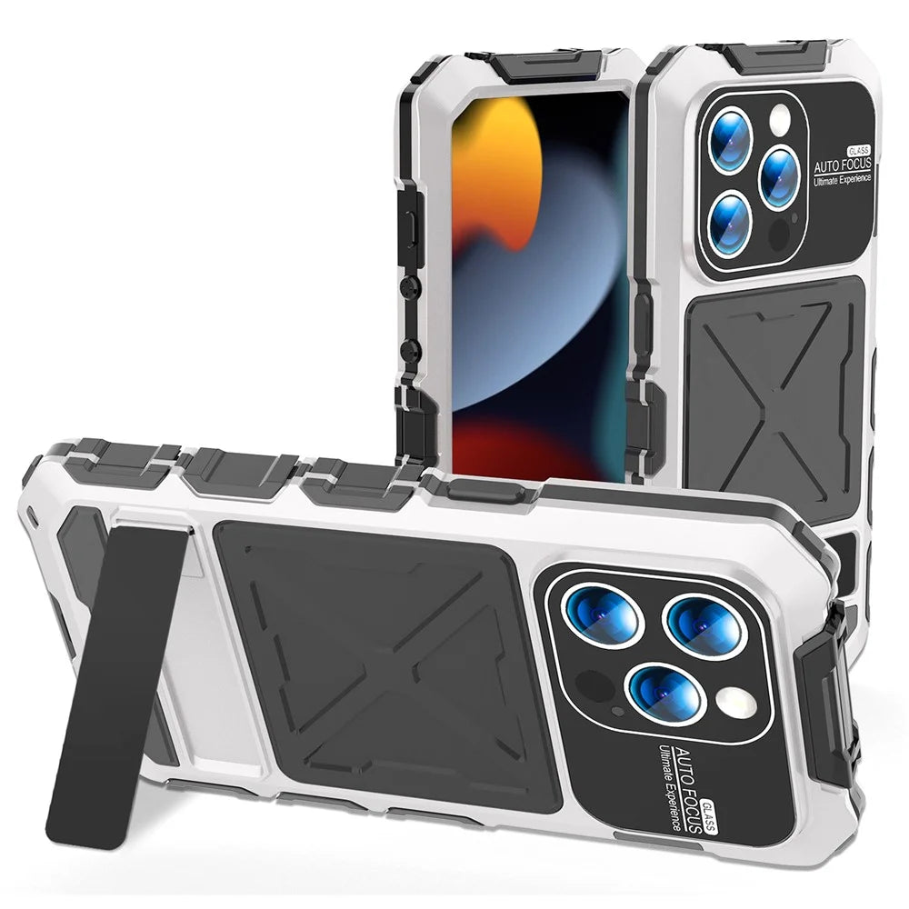 R-JUST For iPhone 15 Pro Max Case Silicone+Metal Anti-drop Phone Cover with Screen Film - Silver - 1