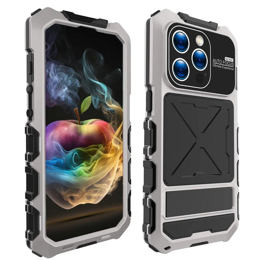R-JUST For iPhone 15 Pro Max Case Silicone+Metal Anti-drop Phone Cover with Screen Film - Silver - 2