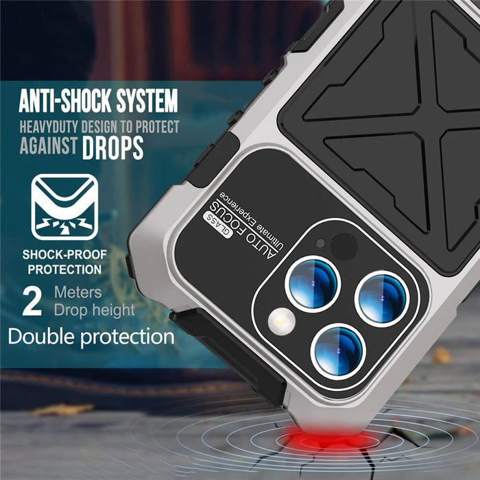 R-JUST For iPhone 15 Pro Max Case Silicone+Metal Anti-drop Phone Cover with Screen Film - Silver - 3