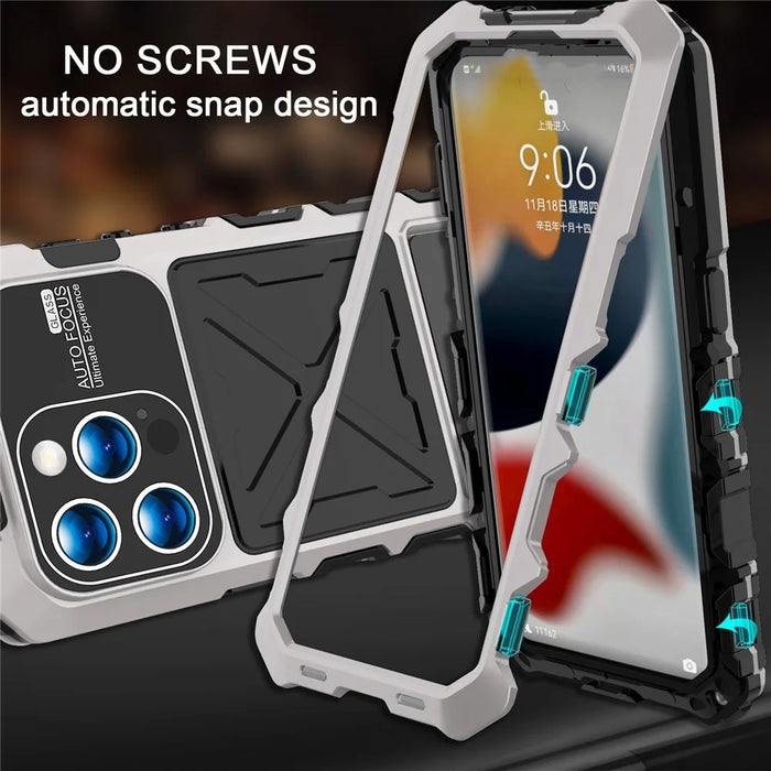 R-JUST For iPhone 15 Pro Max Case Silicone+Metal Anti-drop Phone Cover with Screen Film - Silver - 4