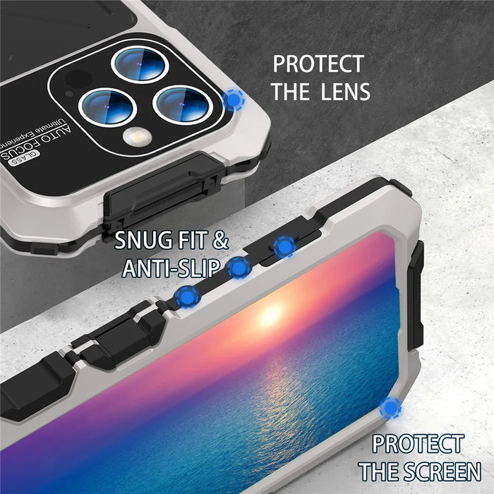 R-JUST For iPhone 15 Pro Max Case Silicone+Metal Anti-drop Phone Cover with Screen Film - Silver - 6
