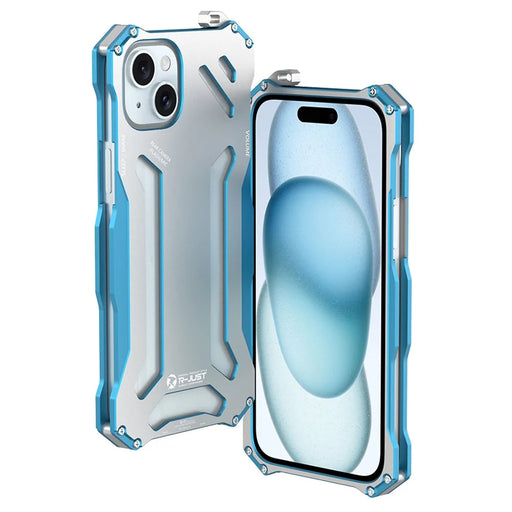R-JUST Mechanical Armor For iPhone 15 Metal Case Hollow Design Anti-drop Phone Cover - Silver+Blue - 1