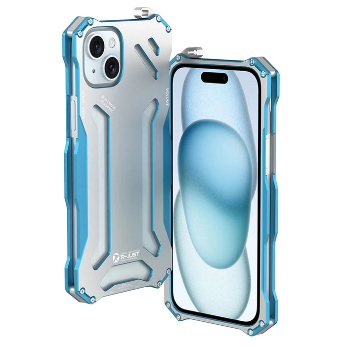 R-JUST Mechanical Armor For iPhone 15 Metal Case Hollow Design Anti-drop Phone Cover - Silver+Blue - 1