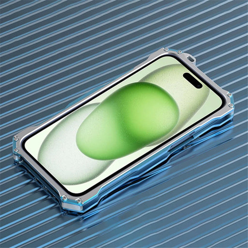 R-JUST Mechanical Armor For iPhone 15 Metal Case Hollow Design Anti-drop Phone Cover - Silver+Blue - 2