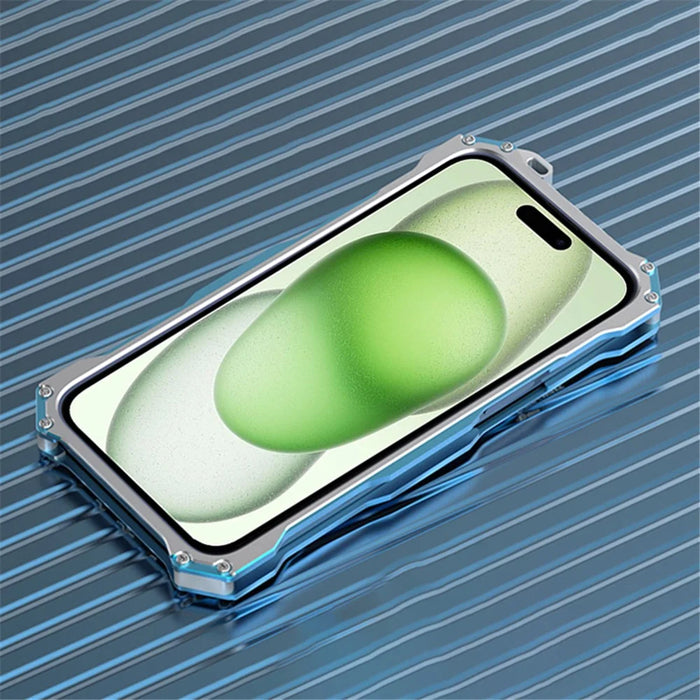 R-JUST Mechanical Armor For iPhone 15 Metal Case Hollow Design Anti-drop Phone Cover - Silver+Blue - 2