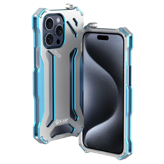 R-JUST Mechanical Armor For iPhone 15 Pro Case Hollow Aluminum Alloy Phone Back Cover - Silver / Blue - 1